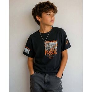Fresh Laundry Gotham Hustle Graphic T-Shirt Kids Large Black Orange NYC Urban